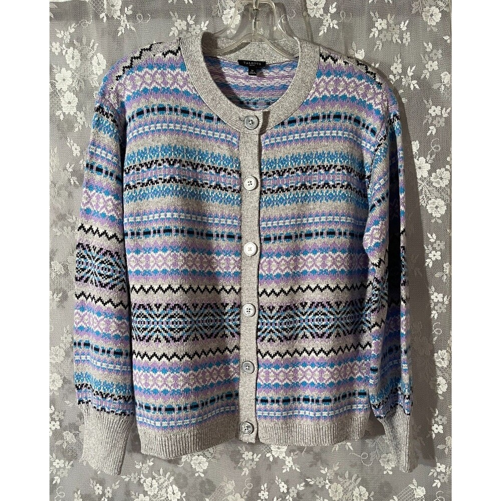 Talbots Petite Cardigan Sweater SP Fair Isle Merino Wool Blend Purple Blue Gray